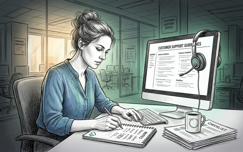 Woman preparing prop firm support checklist at desk