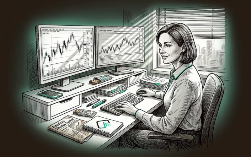 Woman copy trading at home office desk