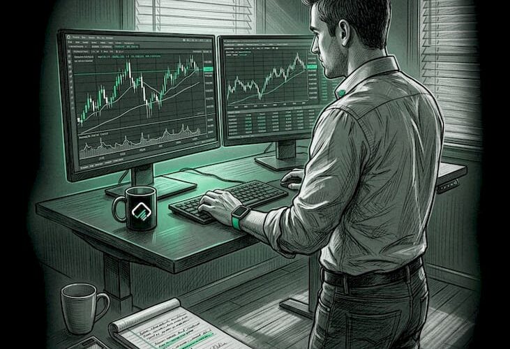 Trader analyzing leverage at home workstation