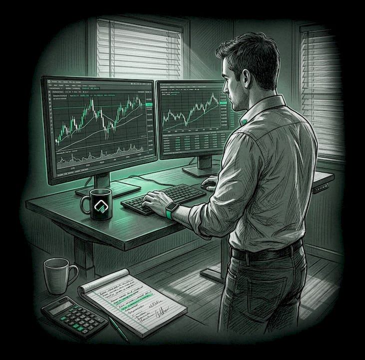 Trader analyzing leverage at home workstation
