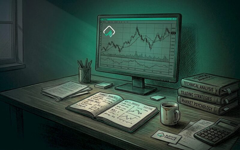 Funded trader analyzing charts at home office desk