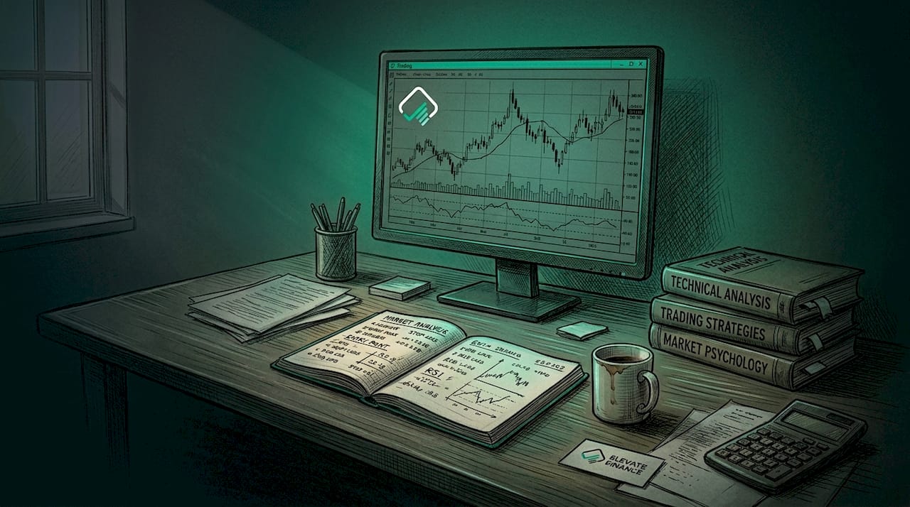 Funded trader analyzing charts at home office desk