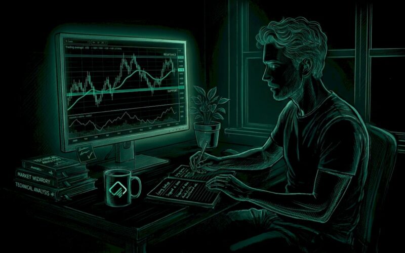 Trader reviewing charts at home office desk