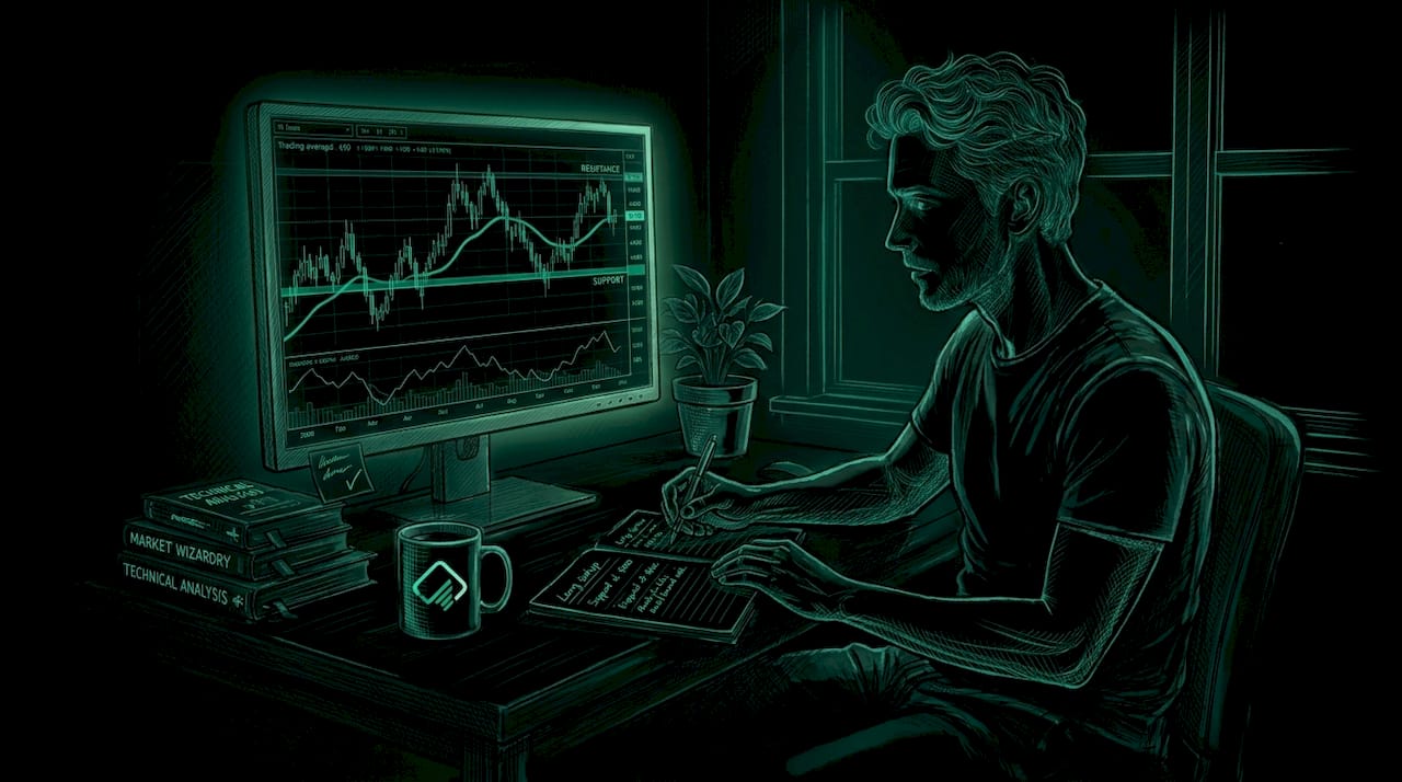 Trader reviewing charts at home office desk