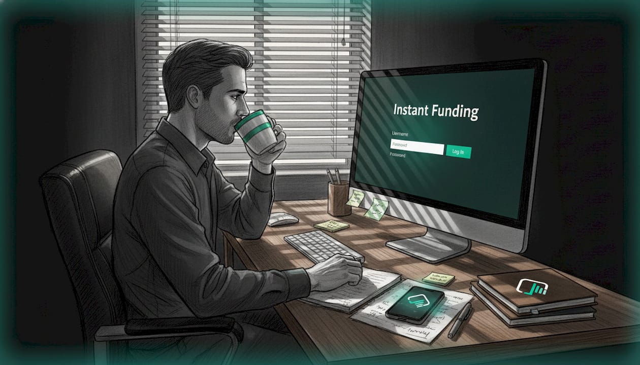 Trader starts instant funding account in home office