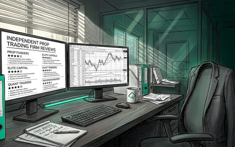 Trader reviews prop firm ratings at workstation
