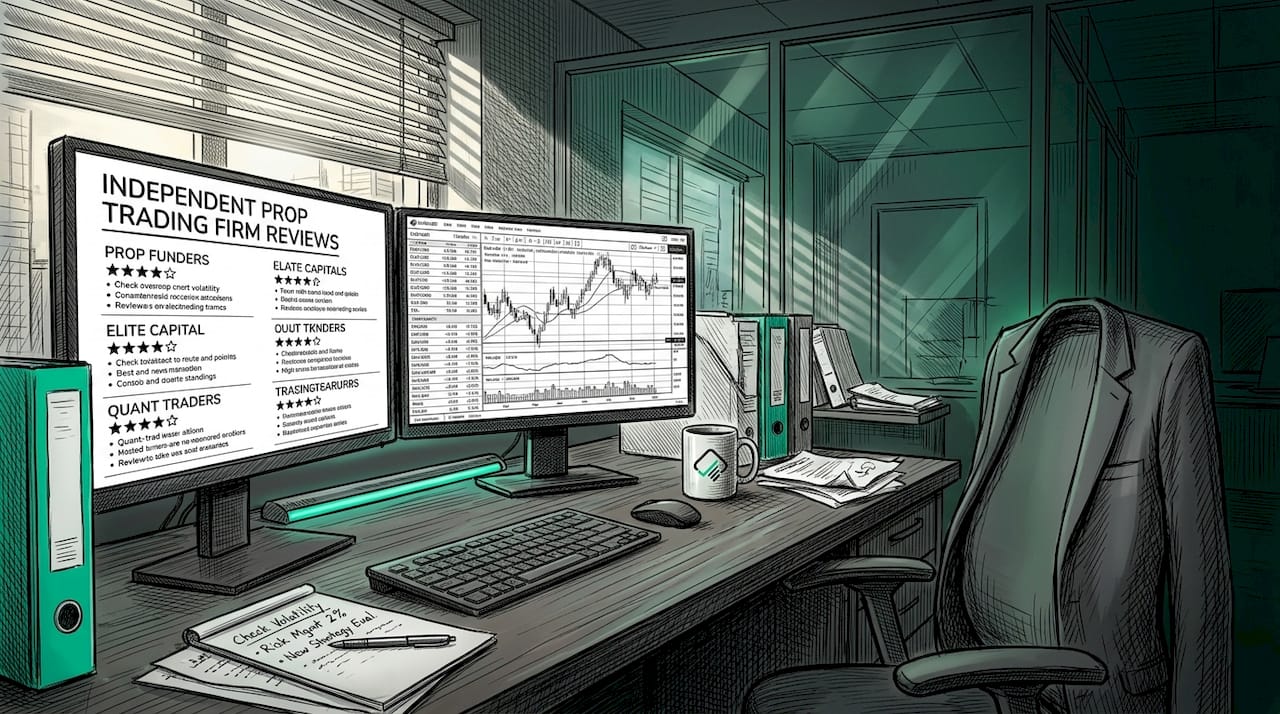 Trader reviews prop firm ratings at workstation