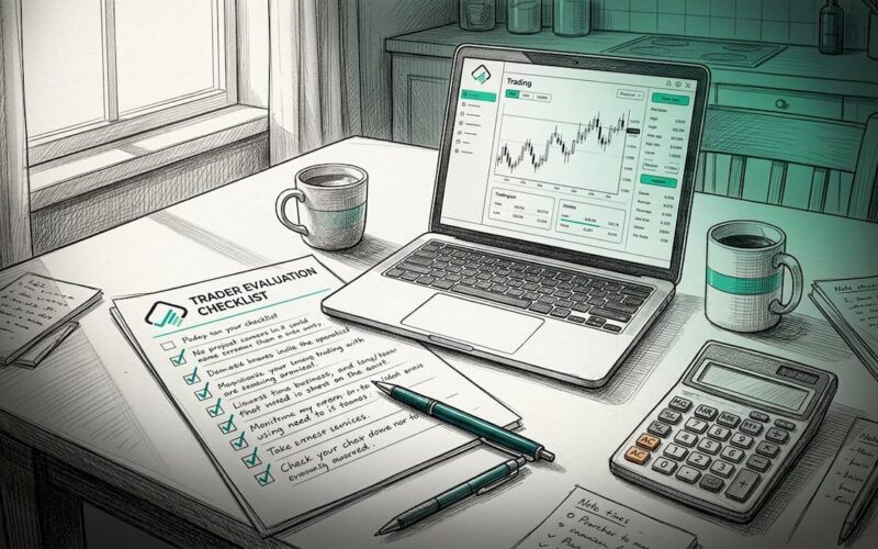 Trader filling out evaluation checklist at kitchen table