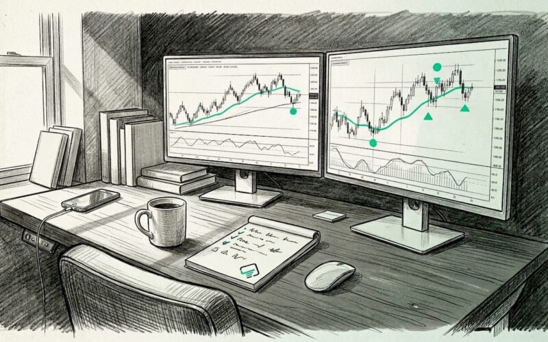 Home office trader watching charts on desk