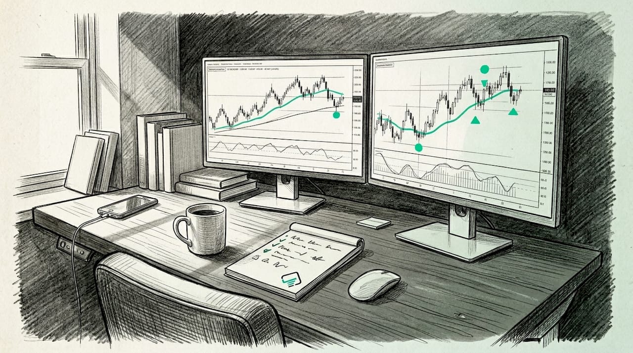 Home office trader watching charts on desk