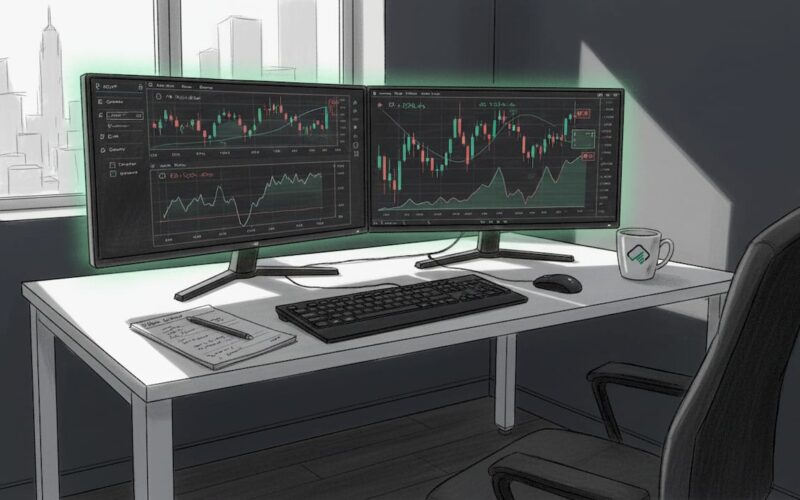 Trader analyzing charts in corner office