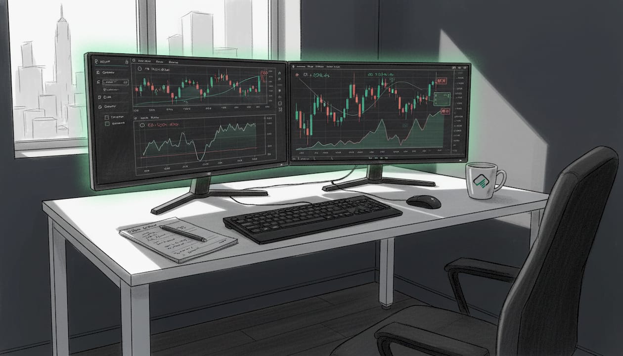 Trader analyzing charts in corner office