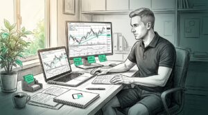 Retail trader working at casual home trading setup
