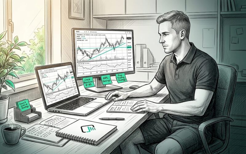 Retail trader working at casual home trading setup