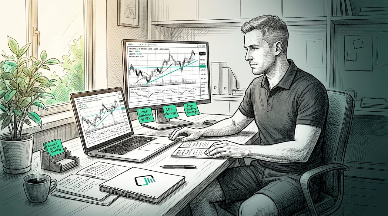 Retail trader working at casual home trading setup