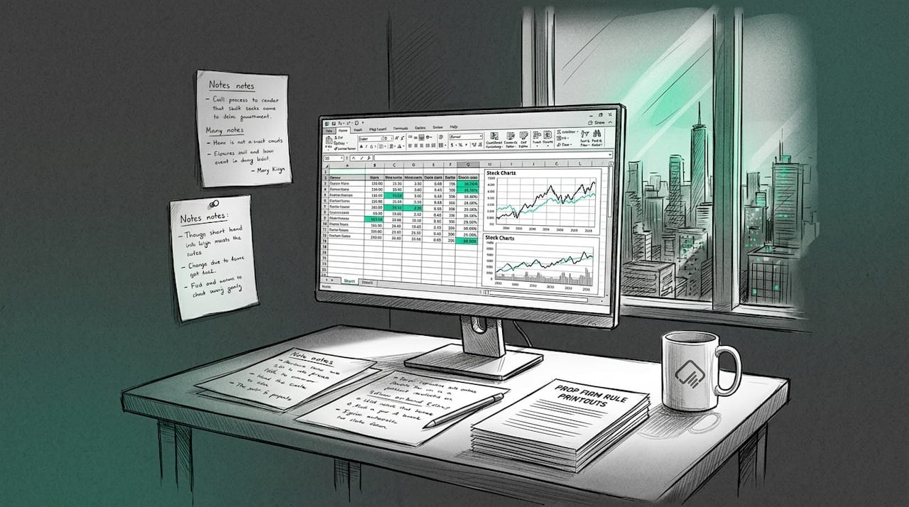 Trader updates spreadsheet on home office desk